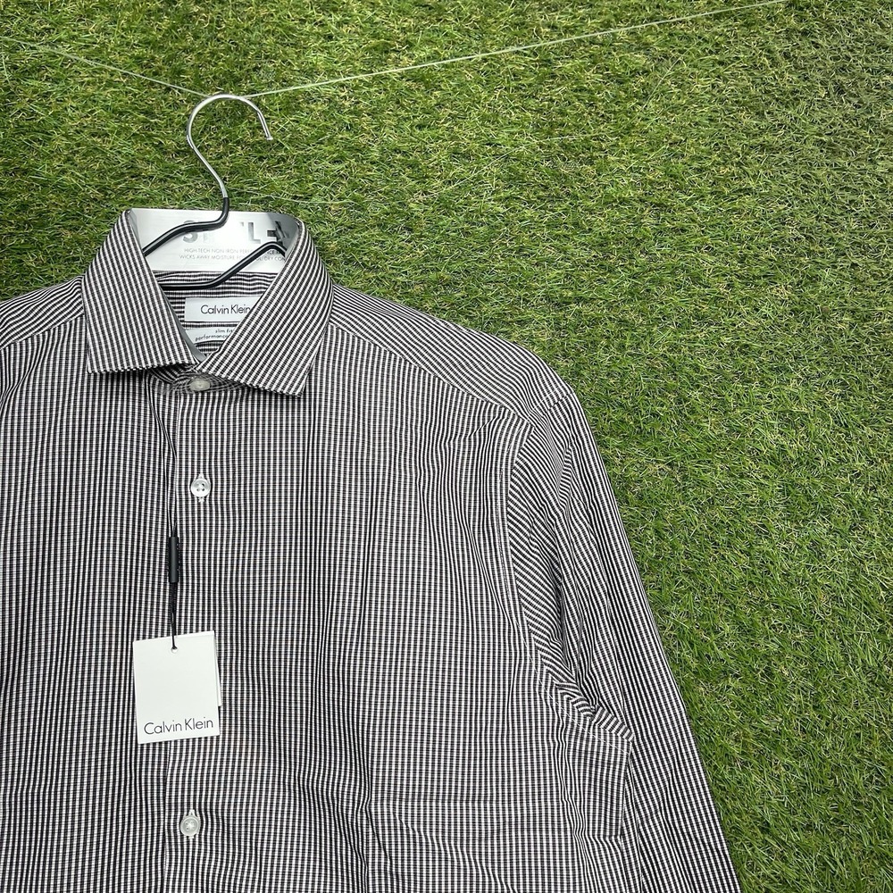 Calvin Klein Steel+ Dress Shirt Mens 15.5 32/33 Slim Fit Whine Check Black White